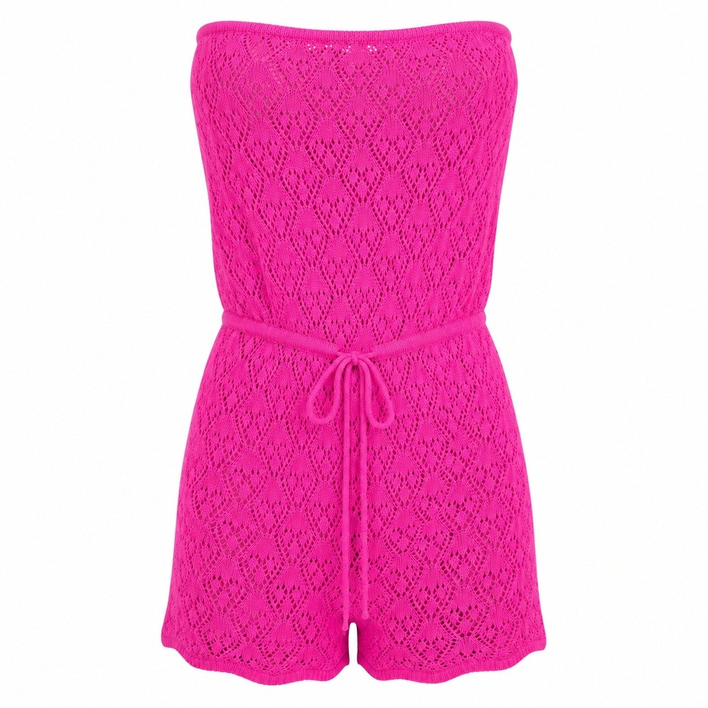 FashionNova Womens 2XL Neon Pink Knit CoverUp Romper Beach Swim Crochet TieWaist